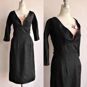 Vintage 1950s Dress, Black Silk Taffeta Cocktail Dress With Pink Silk Corset,